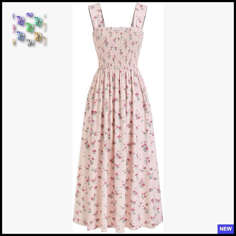 Floral Square Neck Sleeveless Midi Dress A Line Casual Summer Sundress - Picture 1 of 6
